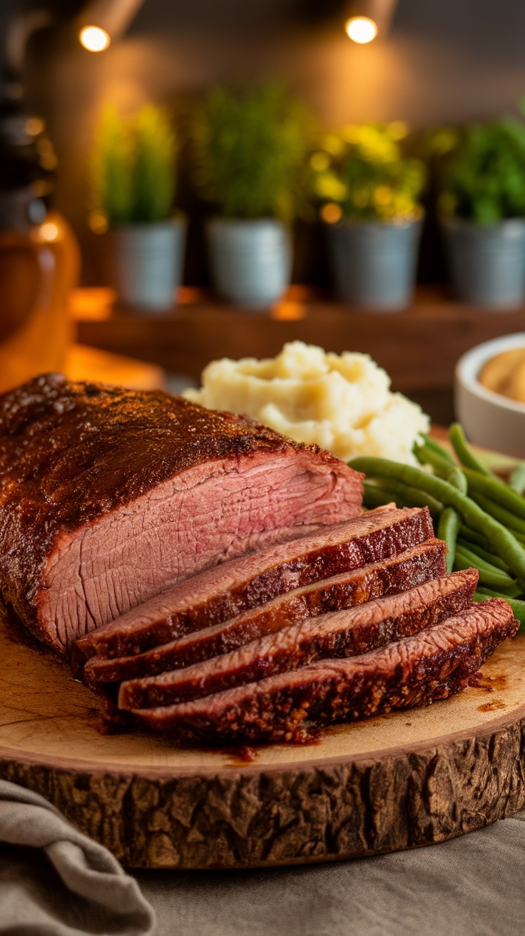 Tender slices of oven baked brisket on a wooden board, surrounded by mashed potatoes and green beans.